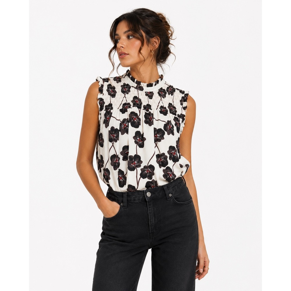 Jasmine & Juliana Floral Blouse Womens Large White Smocked Mock Neck Ruffle Top‎